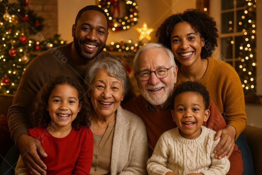 Família feliz multirracial e multigeração sorrindo no Natal em casa