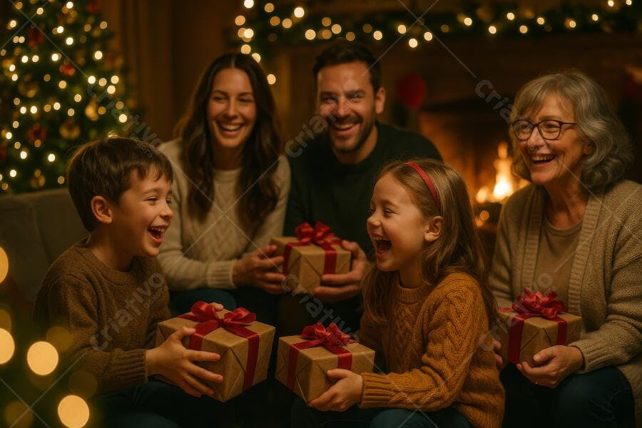 Família caucasiana rindo com presentes de Natal em casa aconchegante