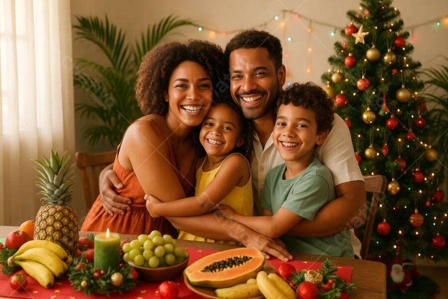 Família negra feliz abraçando-se na celebração de Natal com frutas frescas