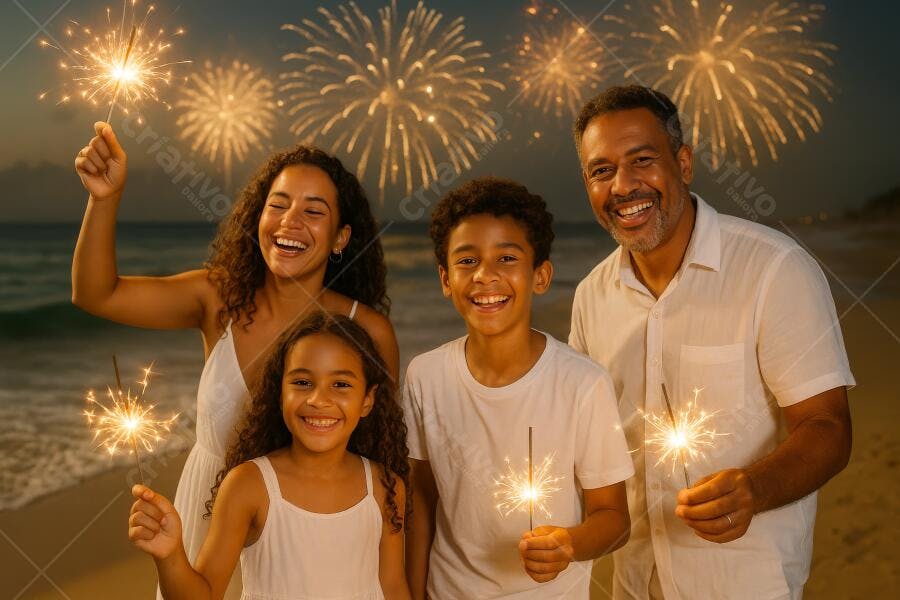 Família afro-brasileira feliz na praia com bengalas de fogo e fogos de artifício