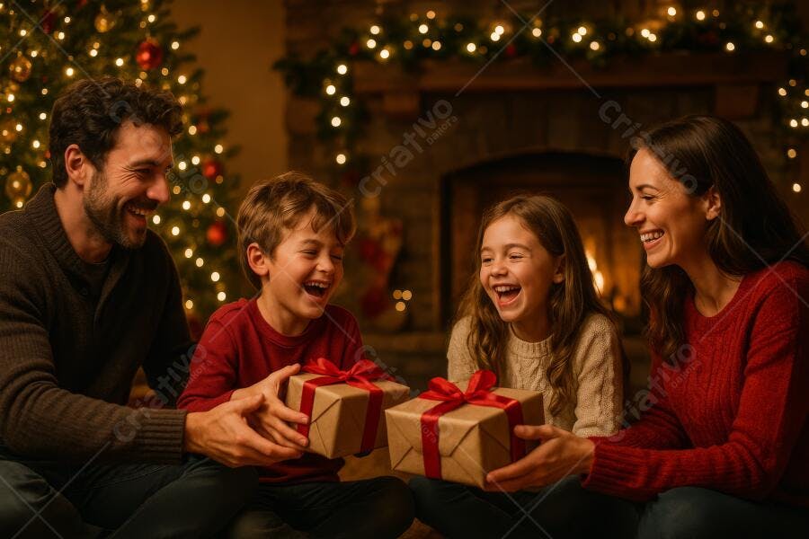 Família feliz caucasiana rindo ao trocar presentes de Natal com luzes festivas