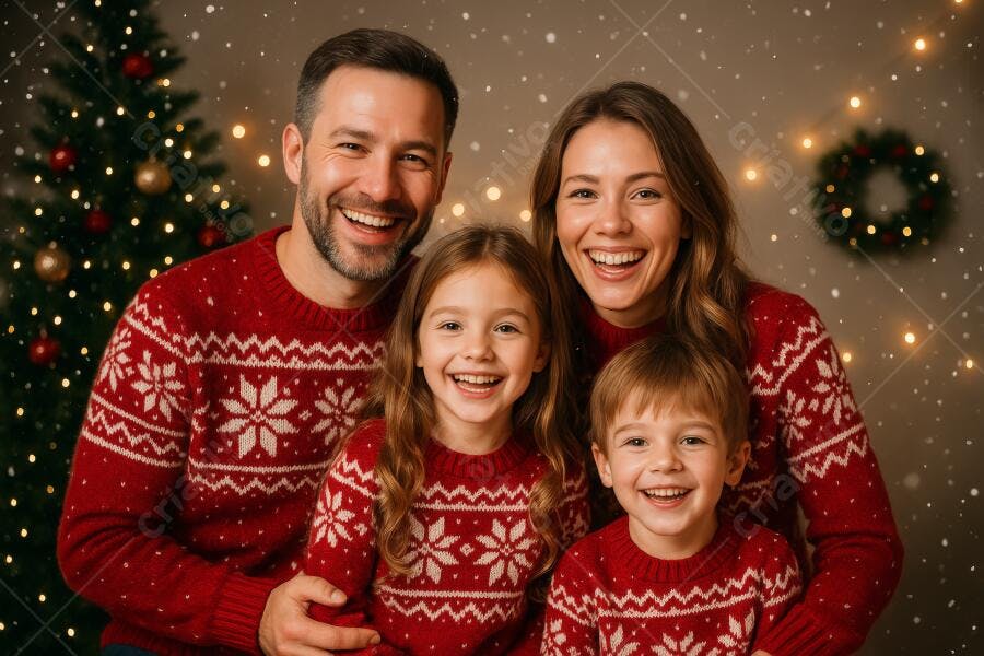 Família feliz com suéteres vermelhos de Natal e neve artificial