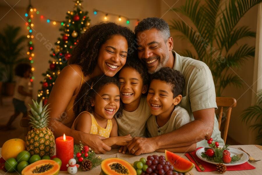 Família feliz negra celebrando o Natal com mesa farta e risadas