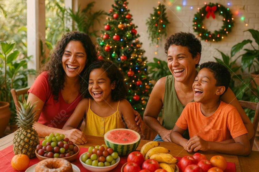 Família latina rindo feliz na ceia de Natal com frutas tropicais