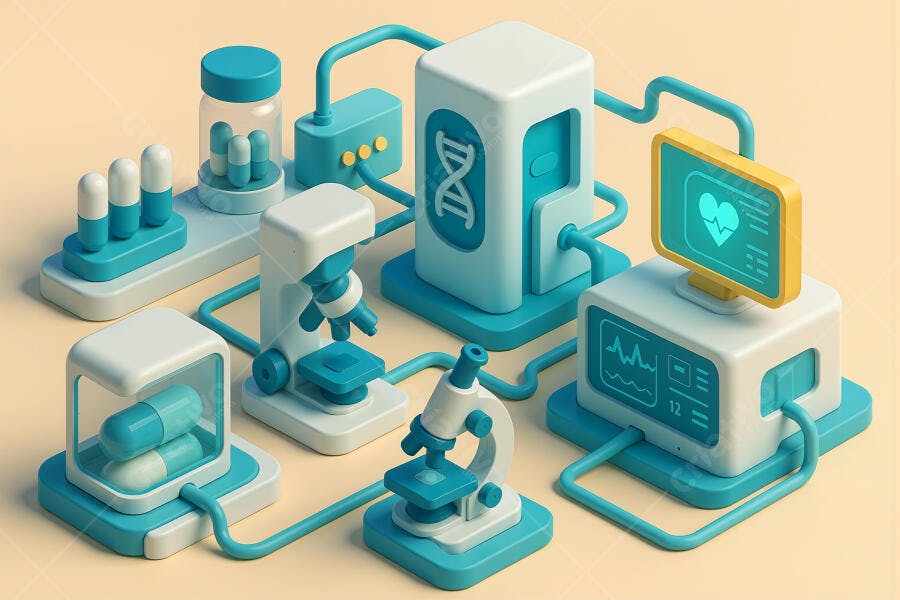 Equipamento médico 3D isométrico com microscópios pílulas e DNA azul e branco