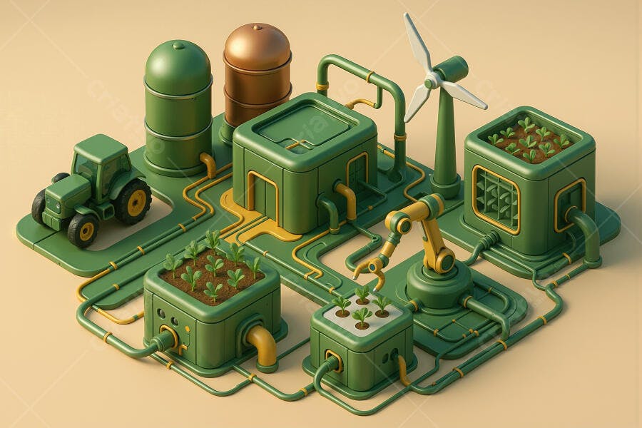 Agricultura inteligente com trator verde e colheitas em fazenda tecnológica 3D