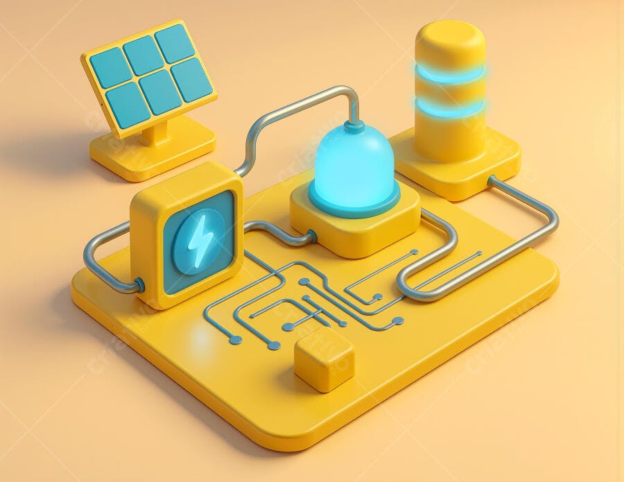 Sistema de energia solar ilustracao 3D amarelo e azul energia limpa