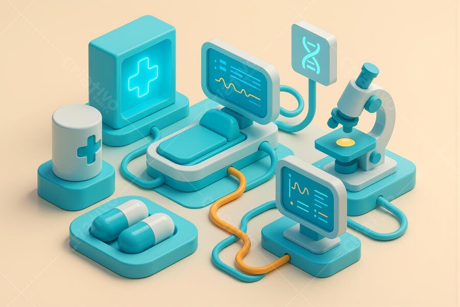 Ilustração 3D equipamentos médicos e científicos modernos azuis