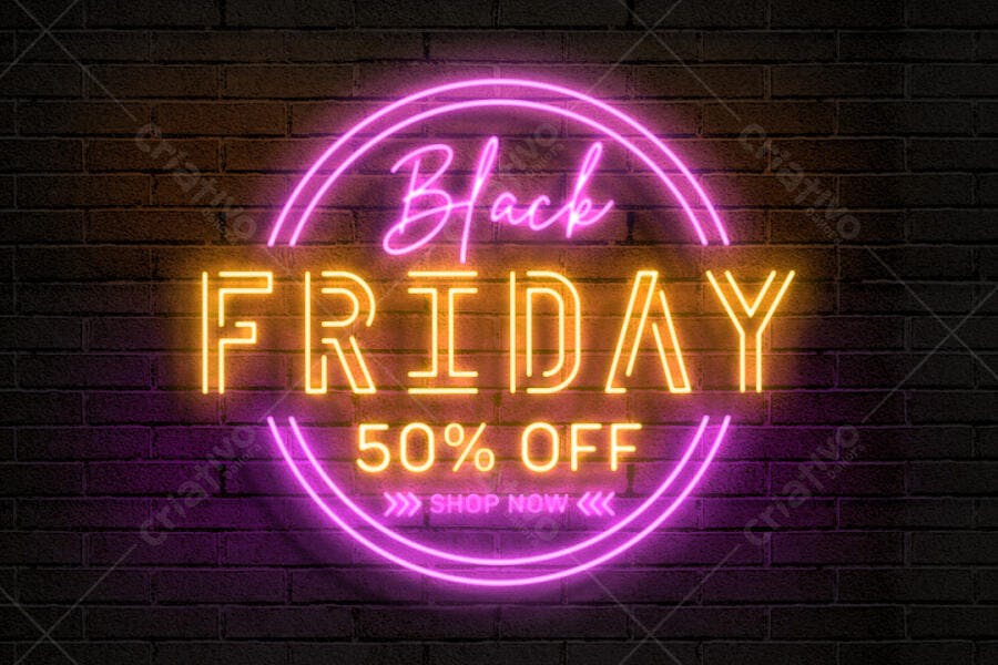 Banner Neon Black Friday com 50% OFF PSD Editável