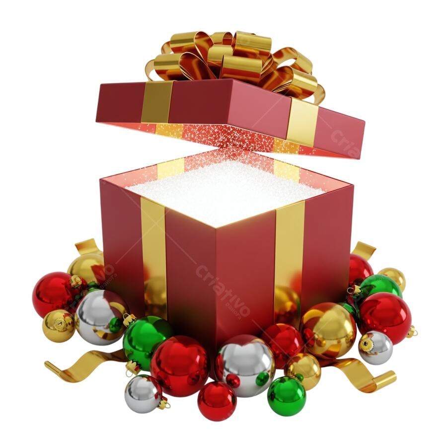 Ilustração 3D Caixa de Presente Natalina Enfeites Natal Vermelhos Dourados PNG com fundo transparente