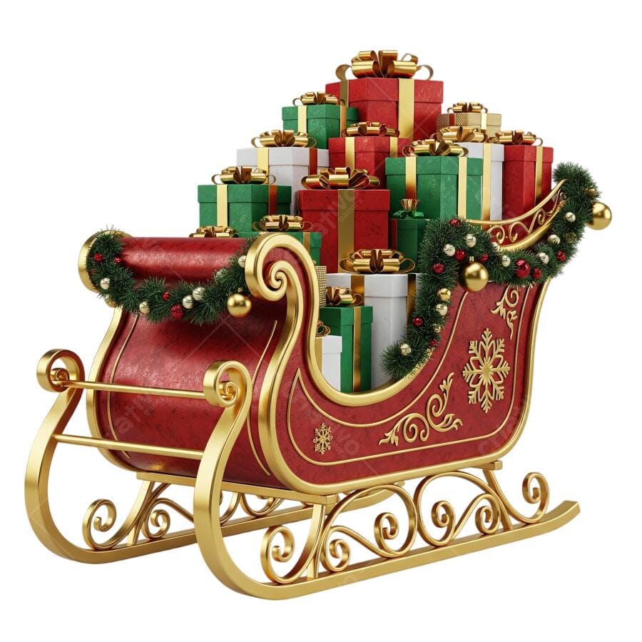 Ilustração 3D Trenó Papai Noel com Presentes Vermelho Verde Ouro Natal PNG com fundo transparente