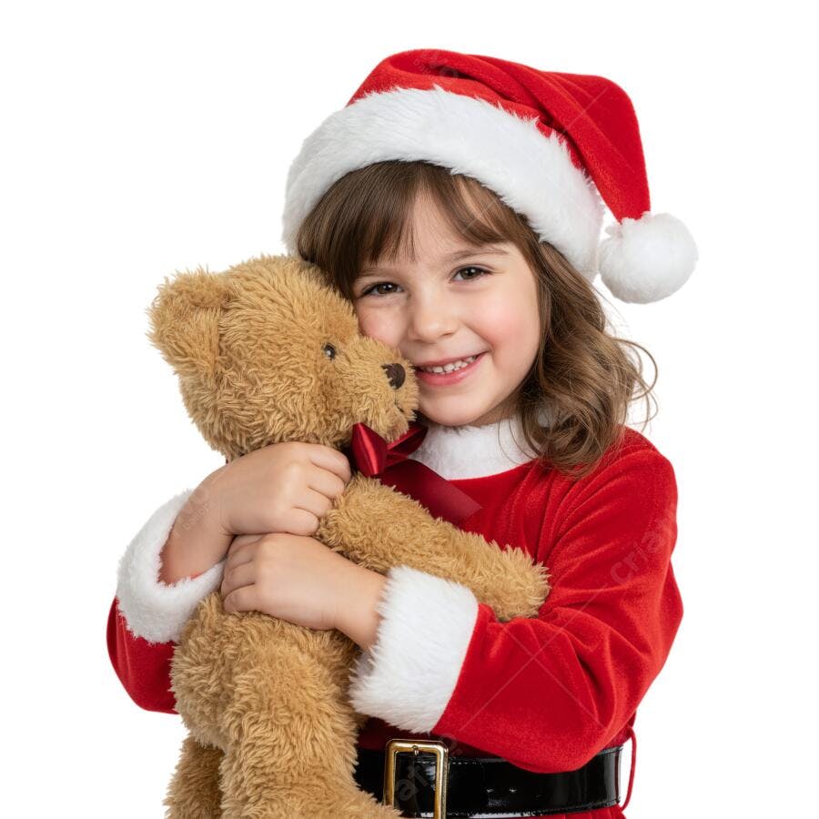 Menina Sorrindo Vestida de Papai Noel Abraçando Urso de Pelúcia Marrom Natal PNG com fundo transparente