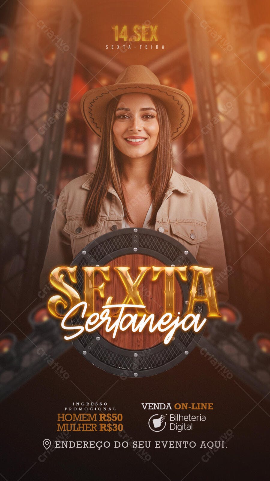 Flyer Sexta Sertaneja Mulher de Chapéu Cowboy PSD Editável