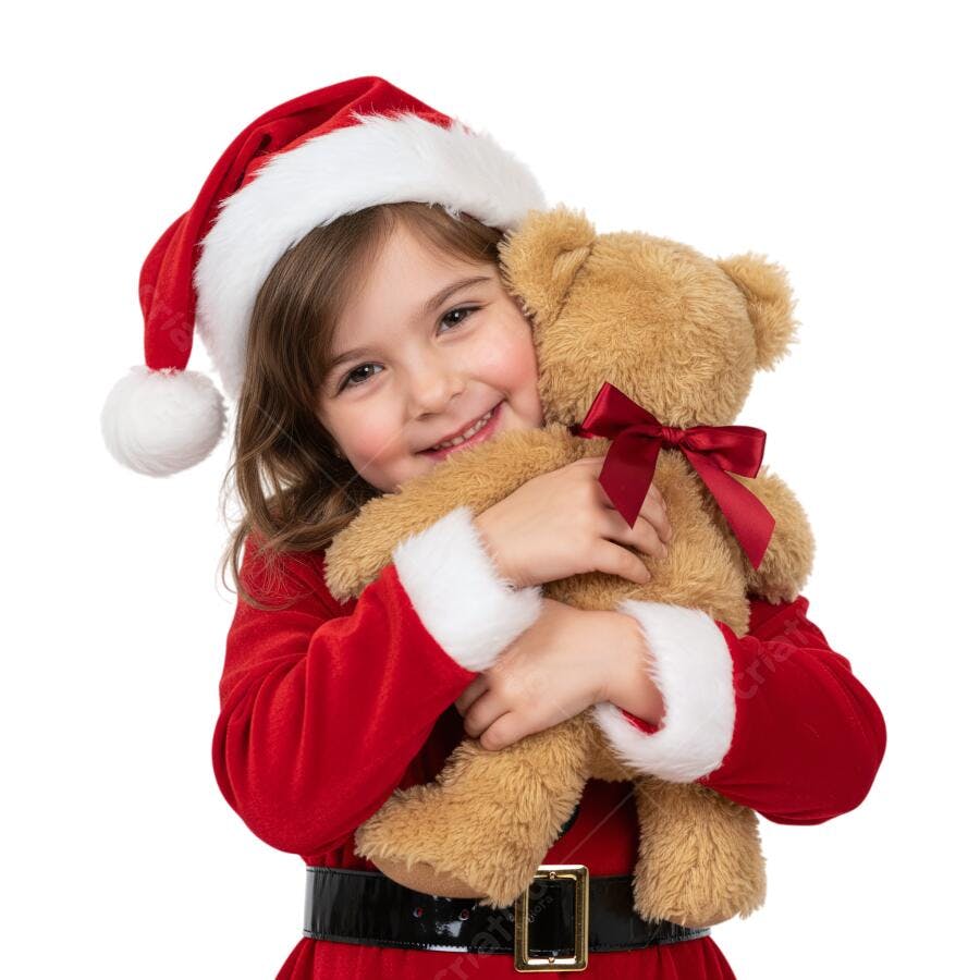 Imagem Menina Papai Noel sorridente com ursinho de pelúcia marrom Natal PNG com fundo transparente
