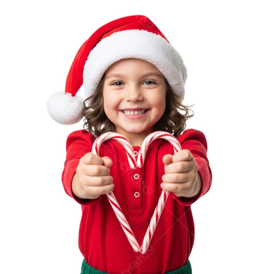 Imagem Natal Menina Caucasiana gorro Papai Noel bastões doces coração PNG fundo transparente
