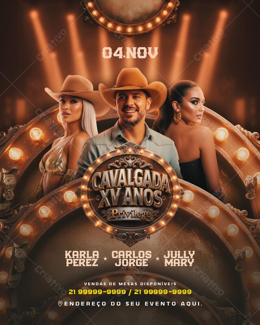 Flyer de Evento Sertanejo Cavalgada XV Anos com Cantores Country PSD Editável