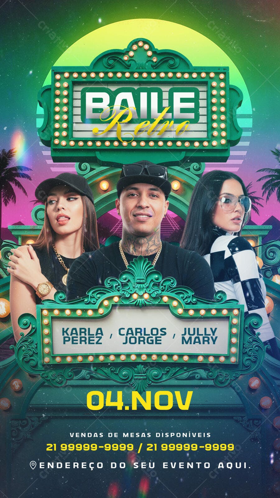 Flyer Baile Retro com Artistas e Letreiro Neon PSD Editável