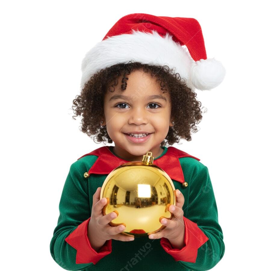 Criança Natalina Elfo Gorro Vermelho Bola Dourada Sorrindo PNG com fundo transparente