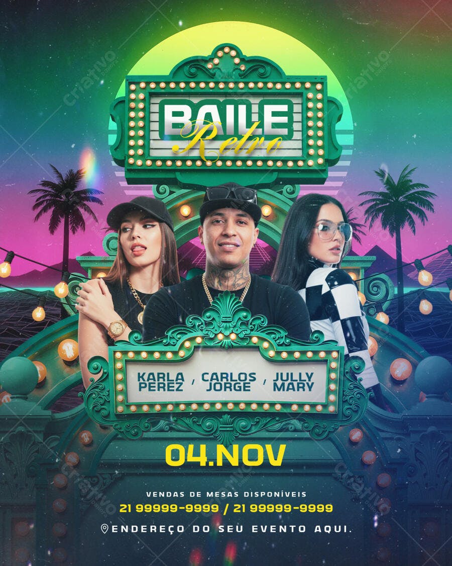 Flyer para Baile Retrô Urbano Neon PSD Editável