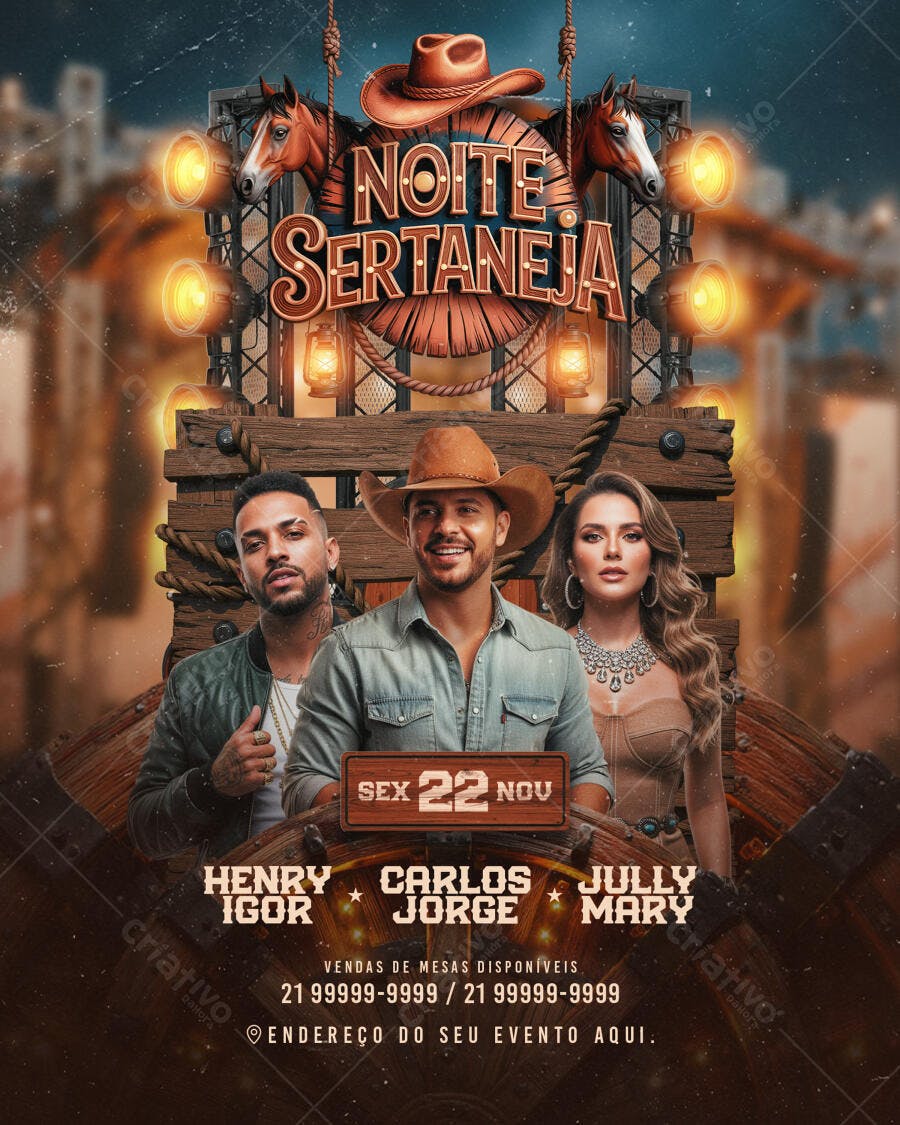 Flyer Noite Sertaneja com Cantores e Chapéu Cowboy PSD Editável