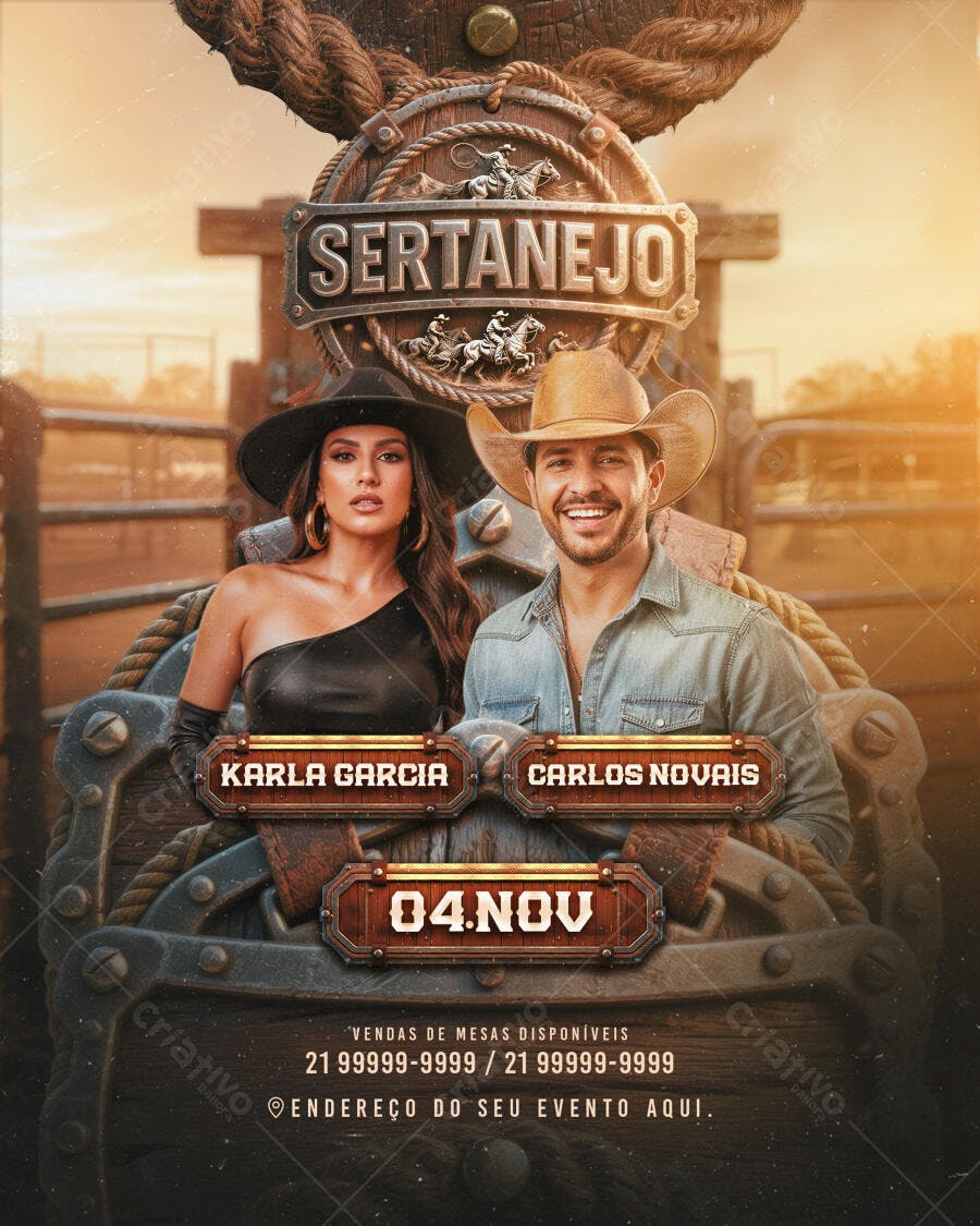 Flyer de Evento Sertanejo com Karla Garcia e Carlos Novais PSD Editável