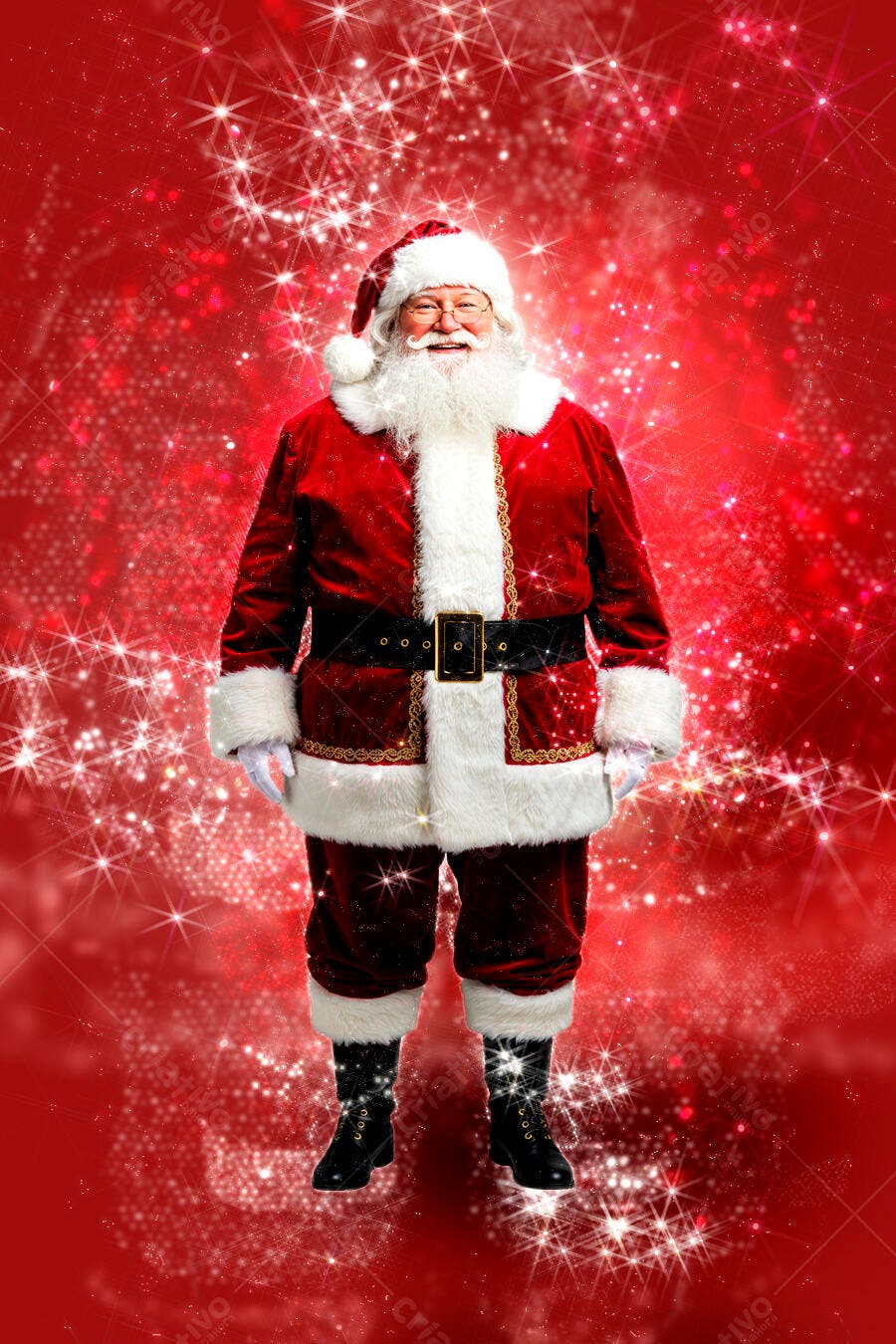 Papai Noel sorridente em traje vermelho festivo com fundo brilhante