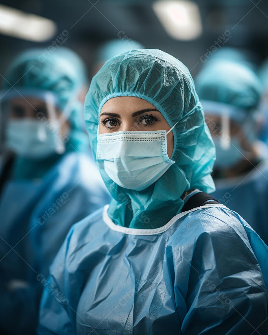 Mulher médica de capote azul e máscara em ambiente cirúrgico com equipe