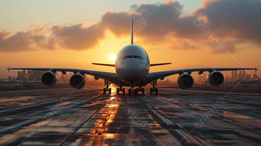 Avião grande na pista de aeroporto ao pôr do sol com céu laranja e cidade