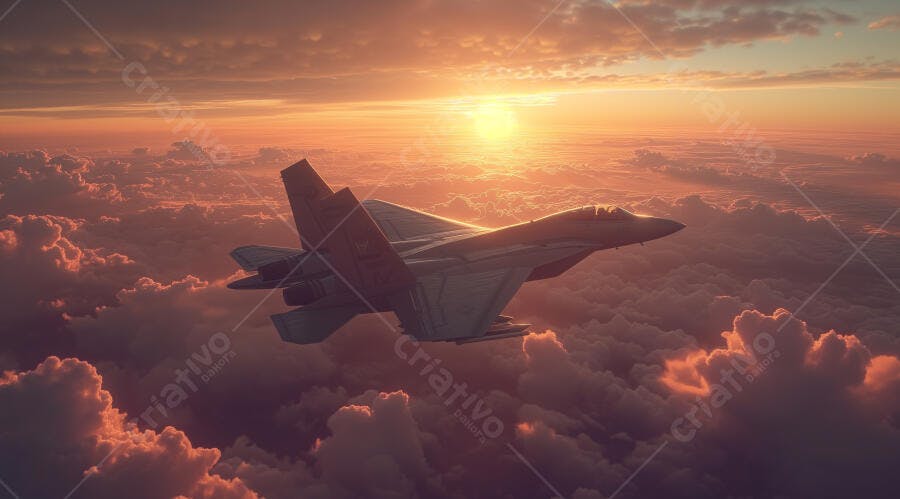 Jato de combate voando acima das nuvens iluminadas pelo pôr do sol