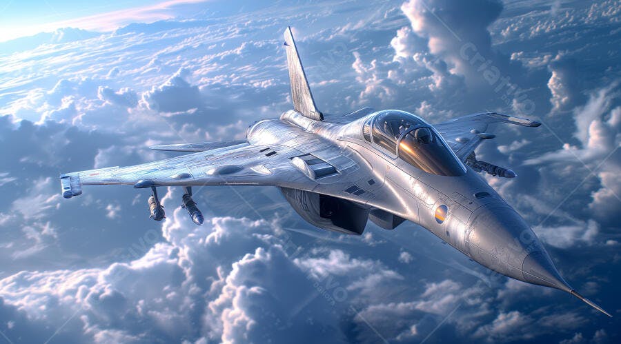 Jato de combate cinza prateado voando sobre nuvens brancas em céu azul