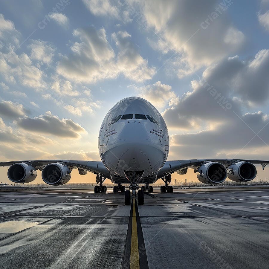 Avião de passageiros gigante em pista molhada ao entardecer