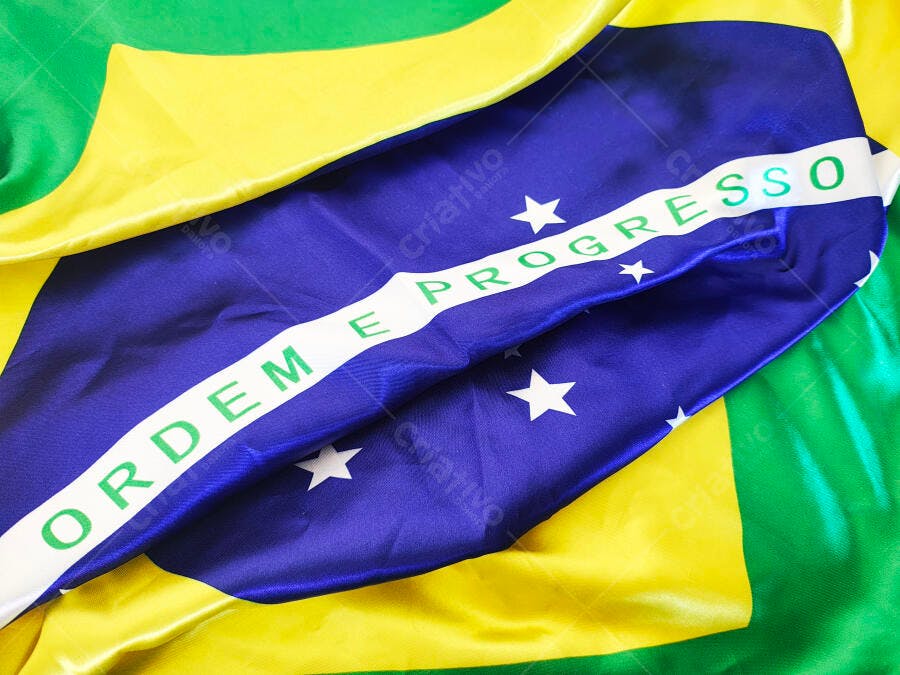 Bandeira do Brasil close-up com Ordem e Progresso e estrelas