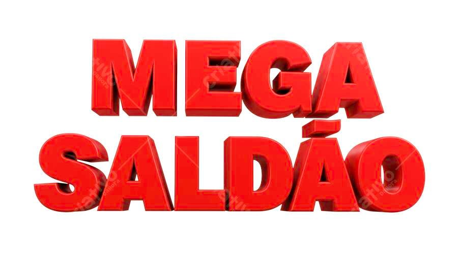 Texto 3D vermelho Mega Saldão em fundo branco para promoções