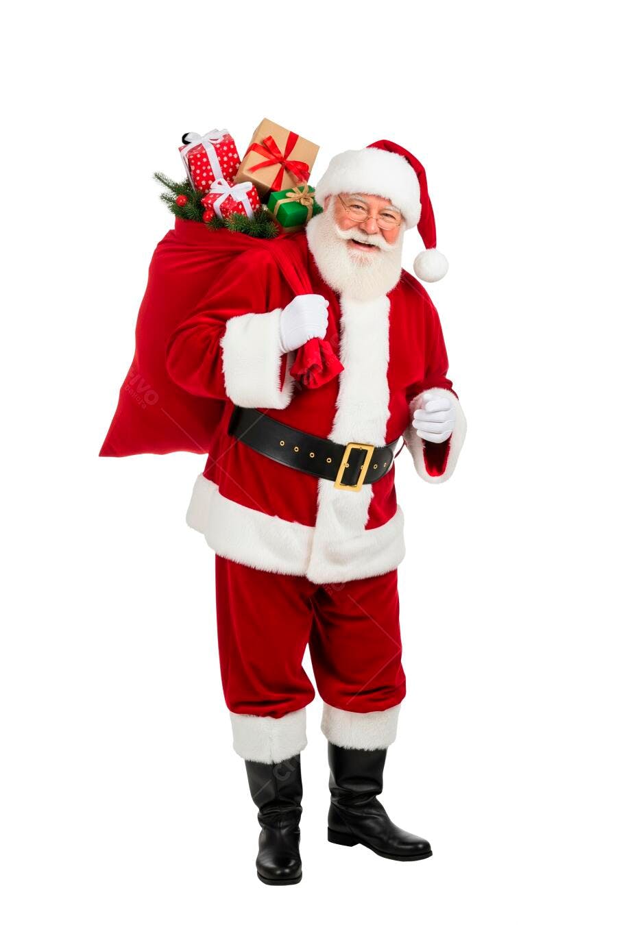 Papai Noel sorrindo com saco de presentes de Natal no ombro