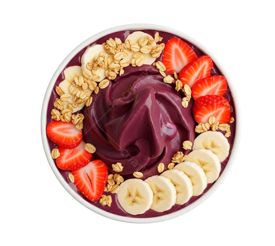 Tigela de açaí com morangos bananas e granola fresca vista superior