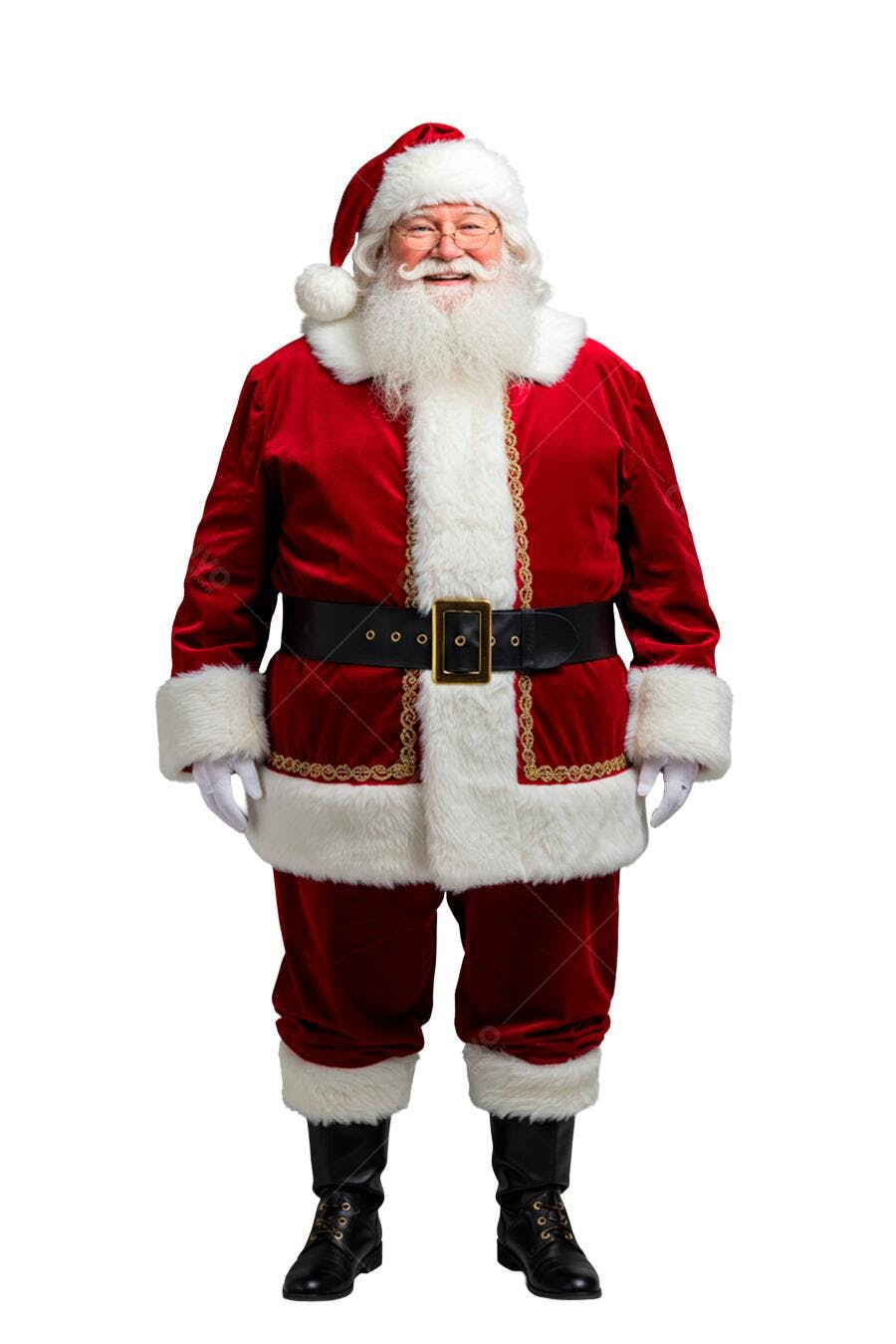 Papai Noel sorridente homem idoso com barba branca roupa vermelha e óculos em fundo branco