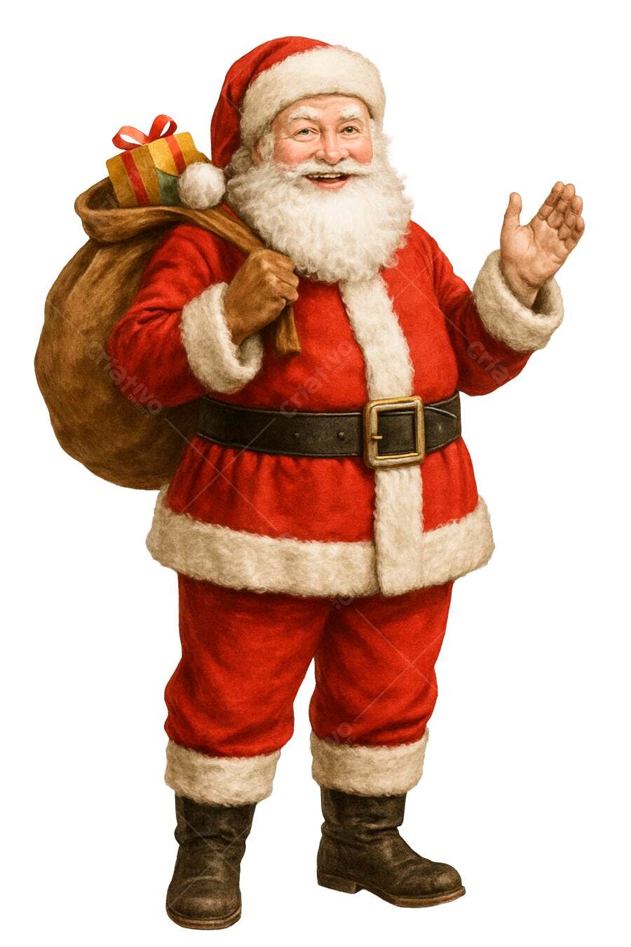 Papai Noel idoso barba branca sorrindo e acenando com saco de presentes de Natal