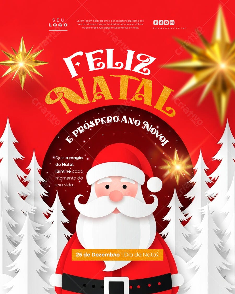 Flyer Feliz Natal e Ano Novo com Papai Noel PSD Editável