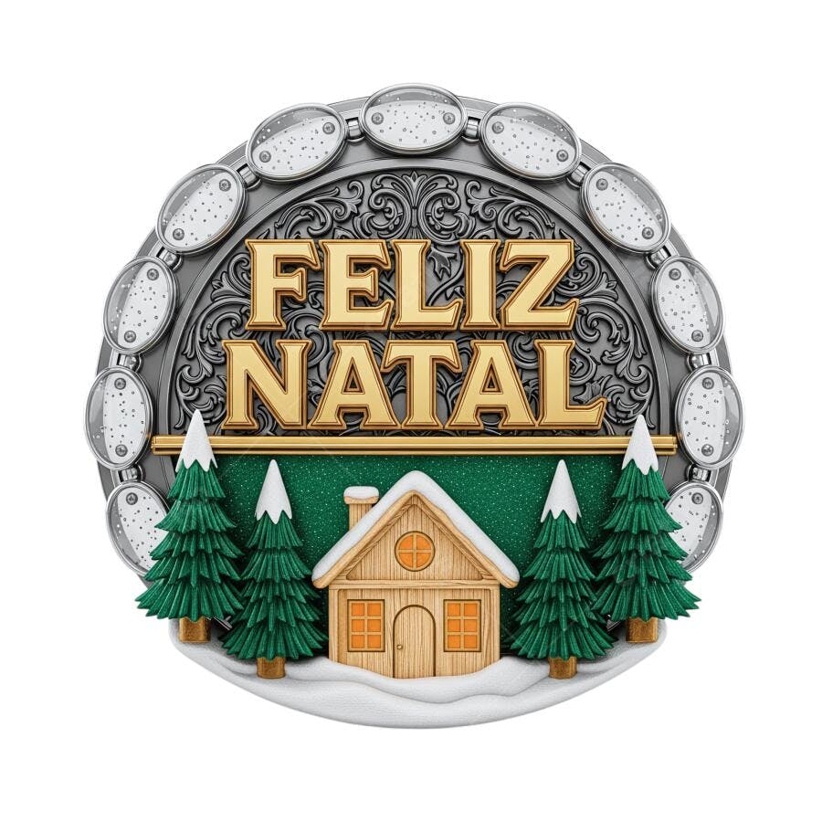 Selo Natal Feliz Natal Dourado Prateado Casa Pinheiros Neve PNG com fundo transparente