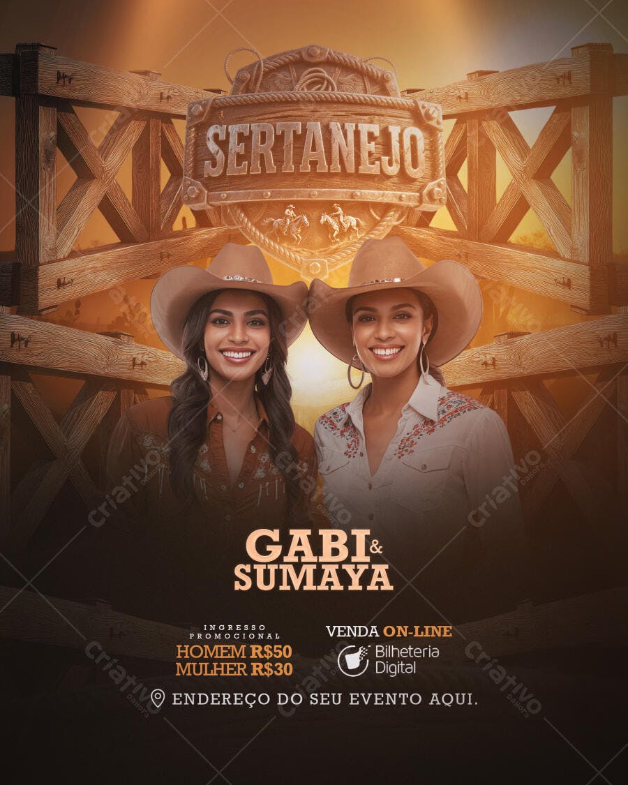 Flyer Show Sertanejo Gabi e Sumaya Chapéu Cowboy PSD Editável