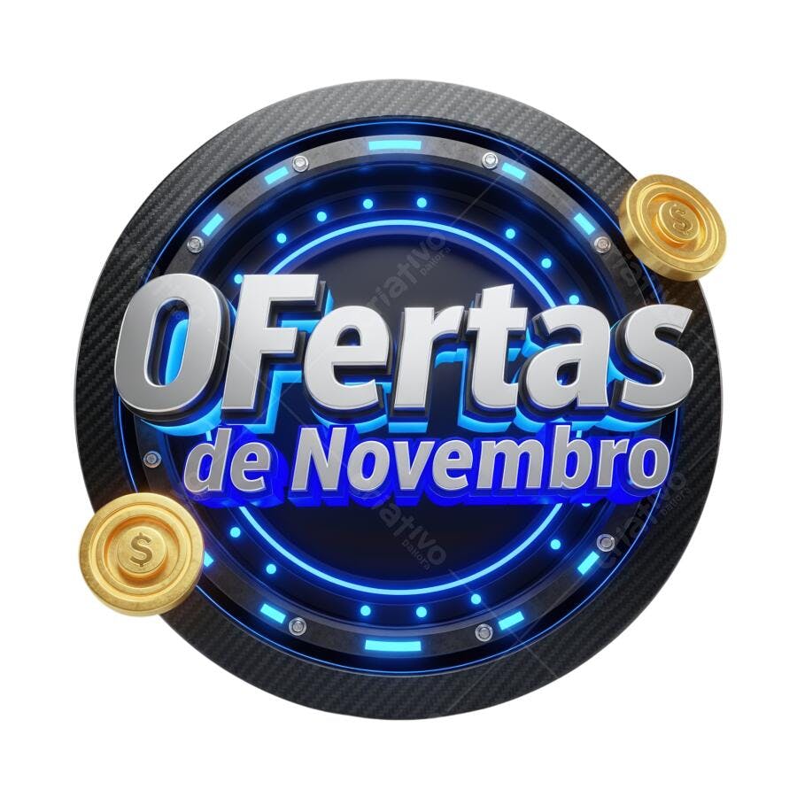 Selo Ofertas de Novembro digital 3D prata azul dourado PNG com fundo transparente