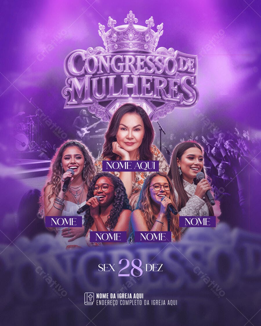 Flyer Congresso de Mulheres Cristão Roxo PSD Editável