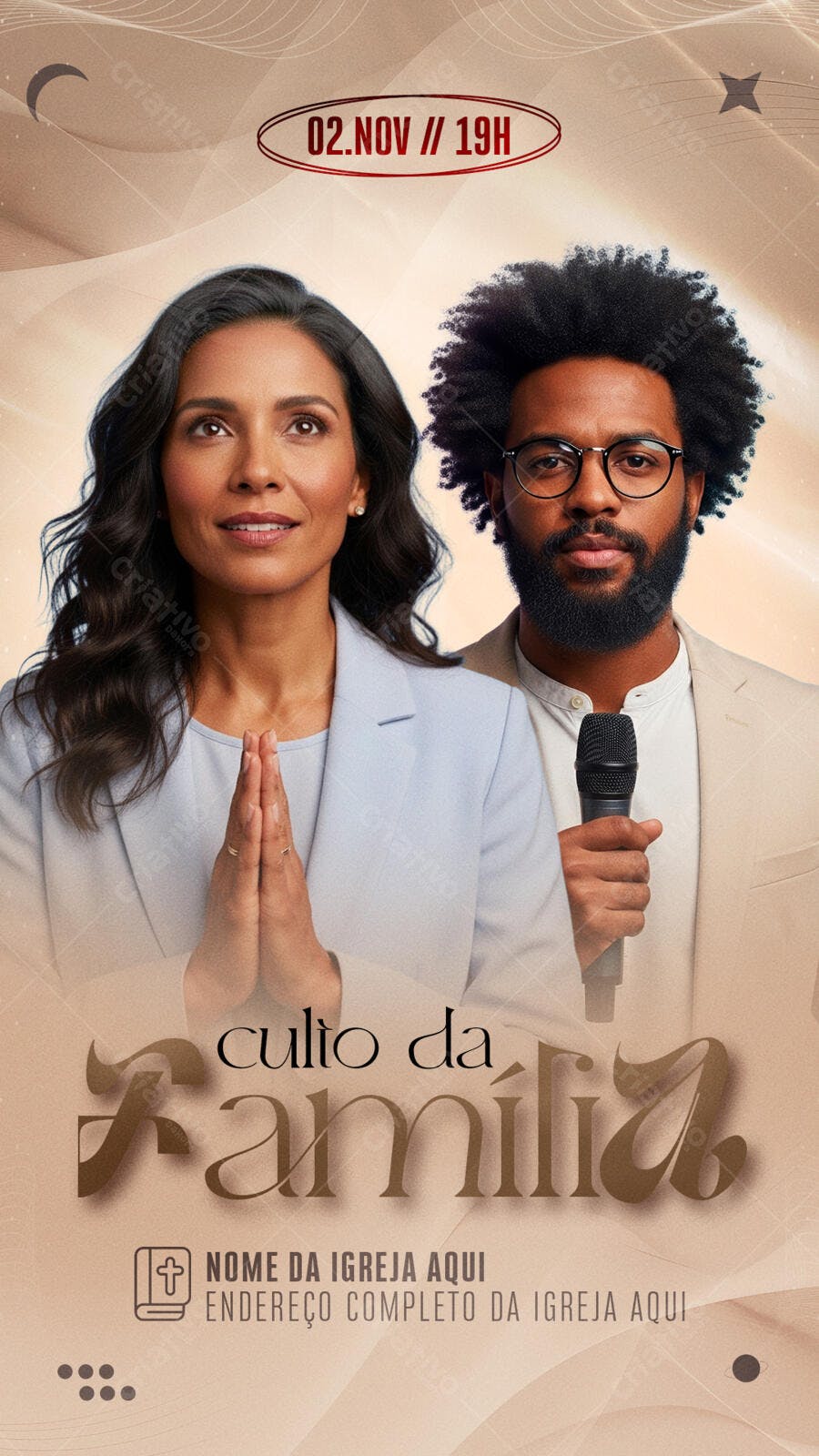 Flyer Cristão Culto da Família Casal Multirracial PSD Editável