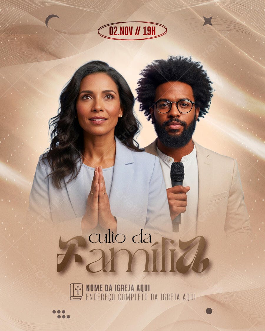 Flyer Culto da Família Cristão com Pregador Negro e Mulher em Oração PSD Editável