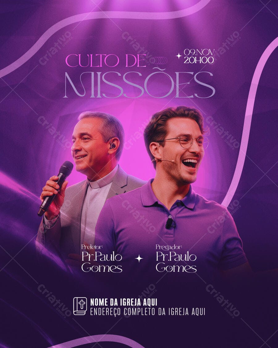 Flyer Culto de Missões com Pregadores Sorrindo PSD Editável