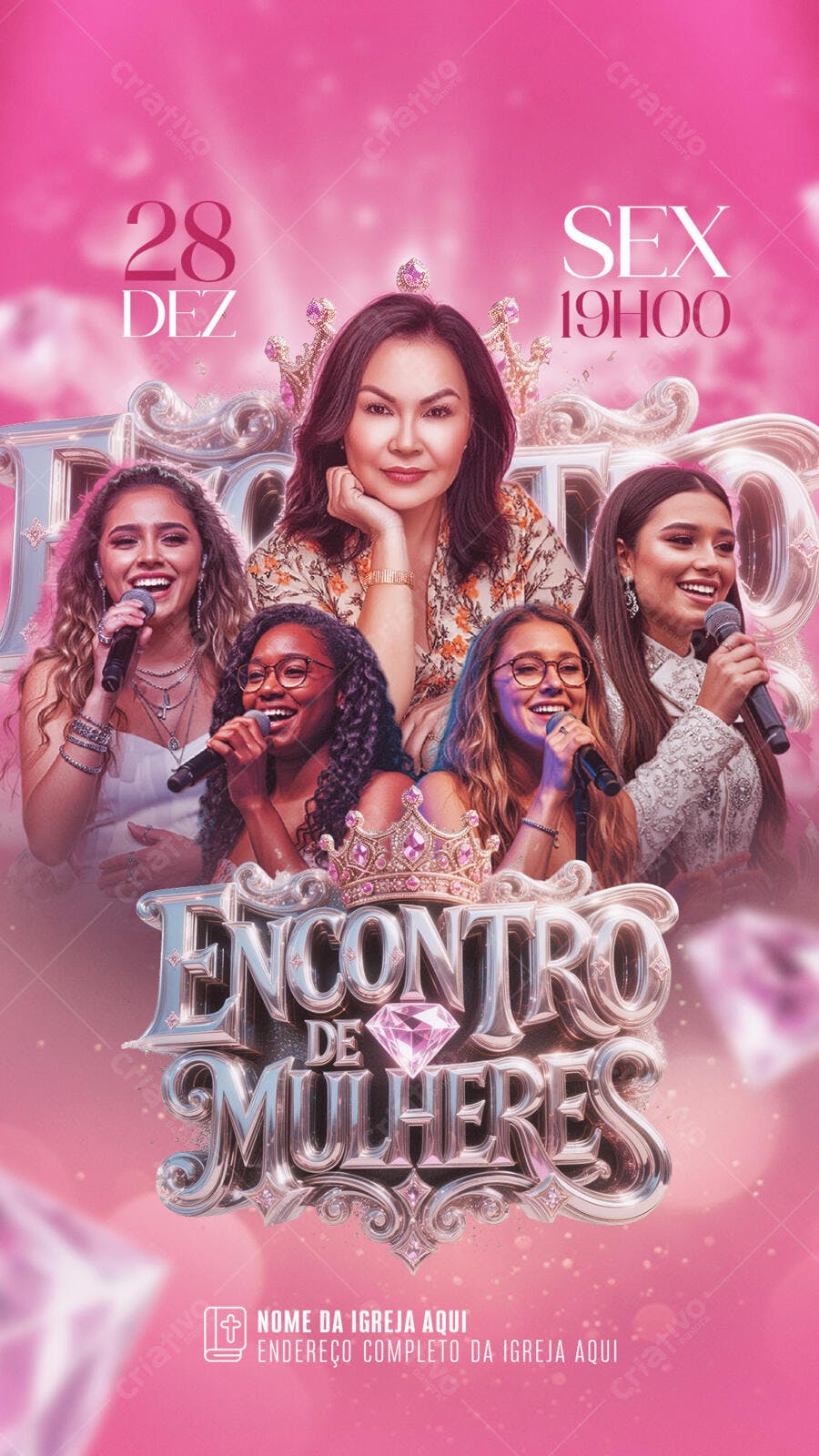 Flyer para Encontro de Mulheres Cantoras Igreja Rosa Diamante PSD Editável