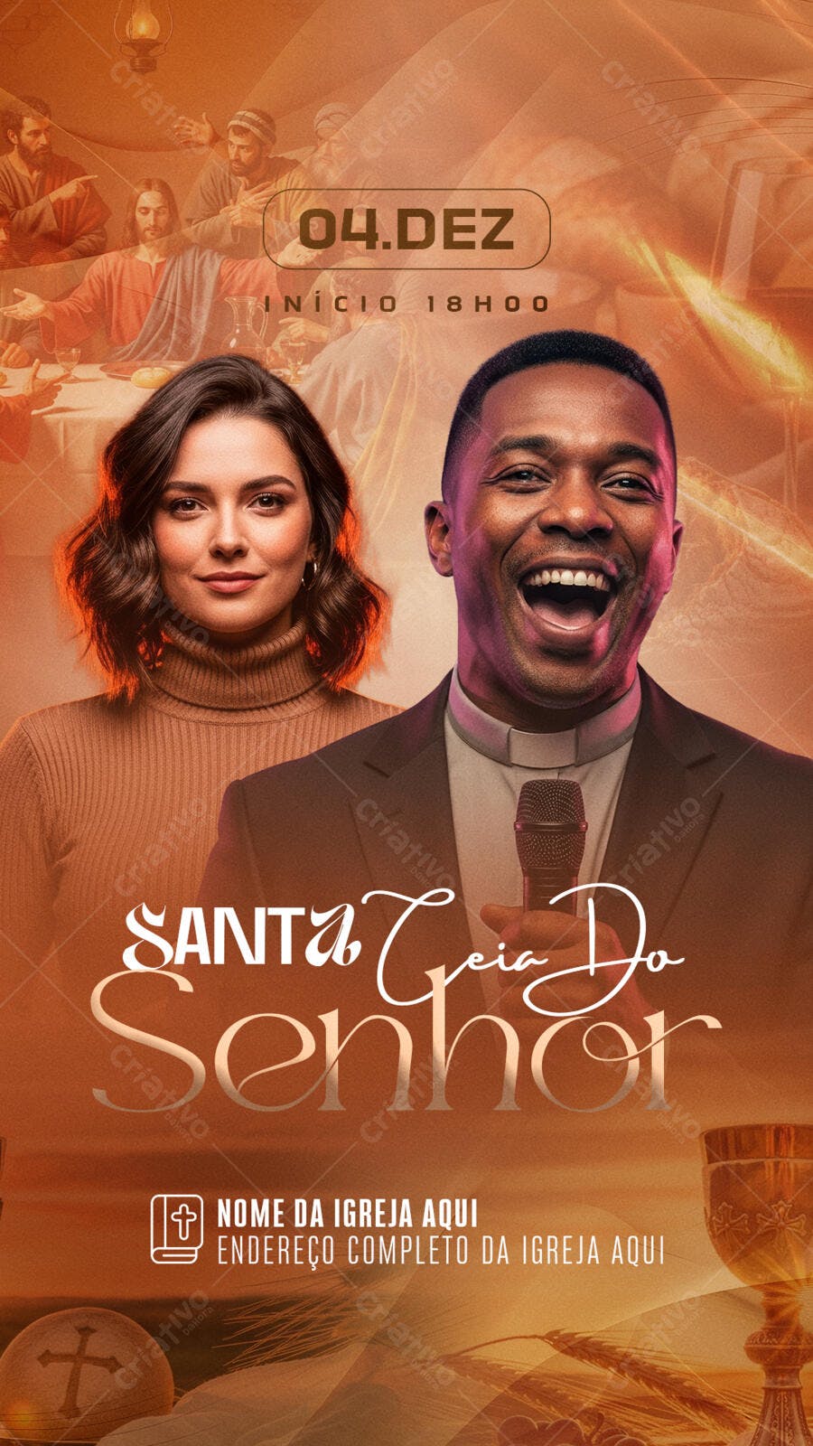 Flyer para Santa Ceia do Senhor com Pastor Negro e Mulher PSD Editável