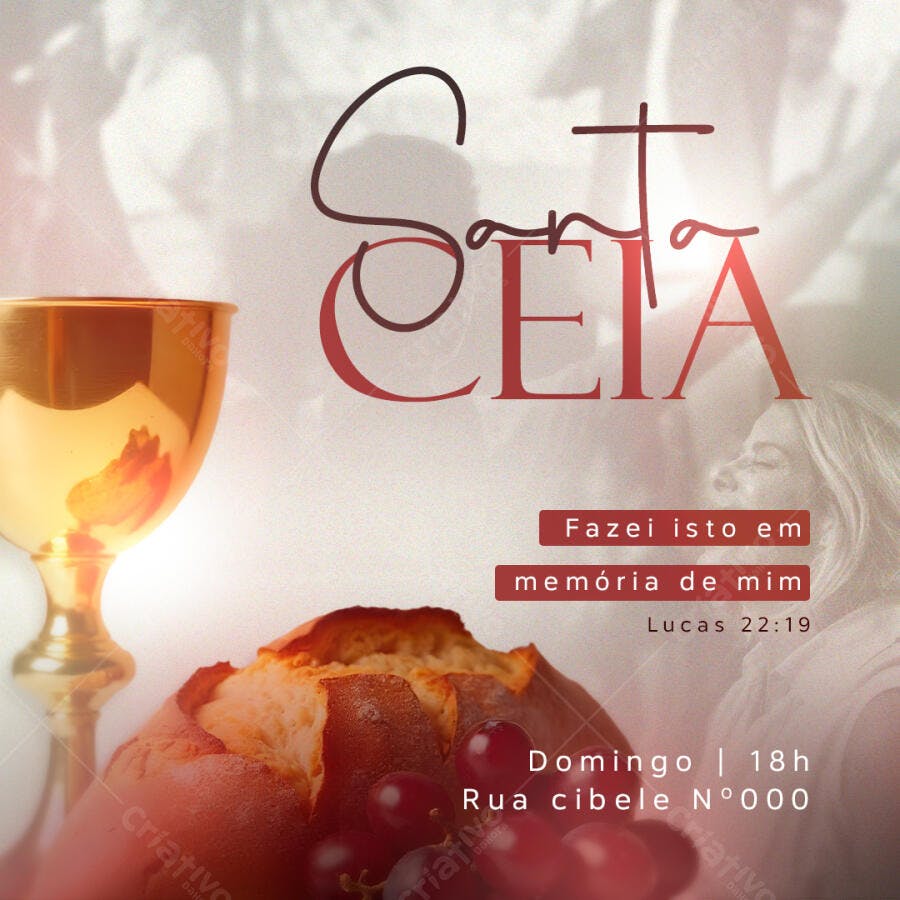 Flyer para Santa Ceia Igreja com Cálice Pão Uvas Lucas 22:19 PSD Editável