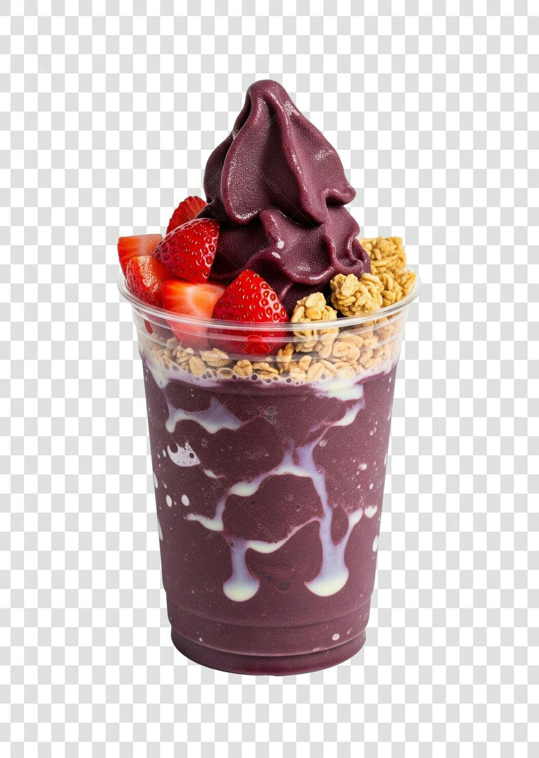 Açaí com Morango e Granola em Copo PNG com fundo transparente