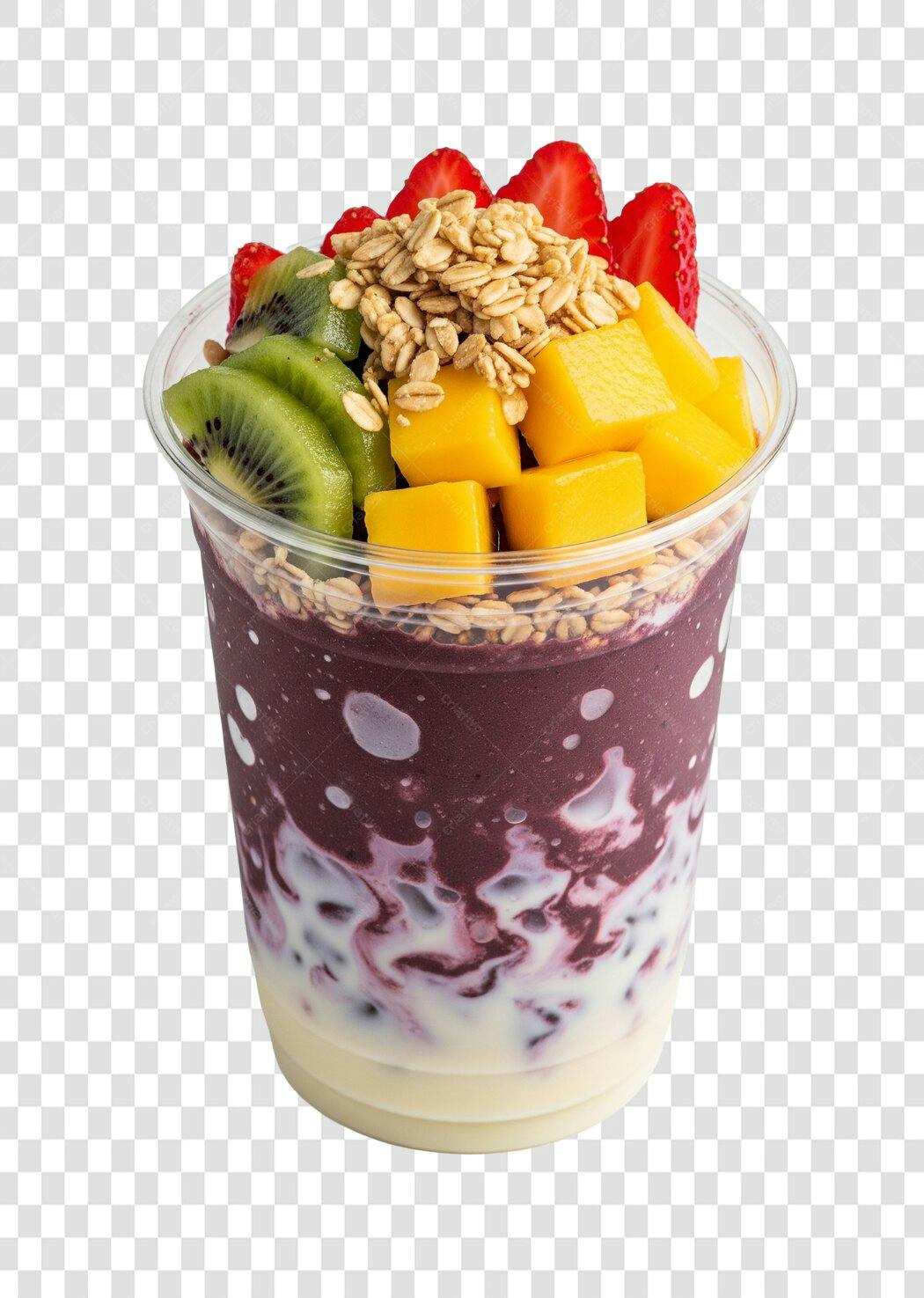 Publicidade Açaí com frutas frescas granola verão roxo verde amarelo PNG com fundo transparente